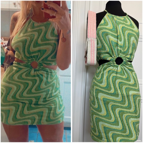 Zara Dresses & Skirts - ZARA ZIG ZAG GREEN CUT OUT DRESS 70s FUNKY MEDIUM JACQUARD BLOGGER
